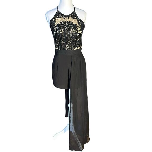 Black Small Sequin Lace Bodice Backless Halter Shorts Jumpsuit Long Shear Skirt - Picture 1 of 9